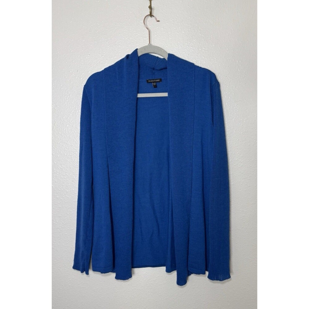 Eileen Fisher Women’s Merino Wool Open Front Cardigan Blue Long Sleeve Size L